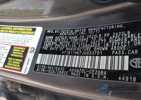 2018 Toyota Camry Se from USA, damaged, VIN 4T1B11HK7JU033701